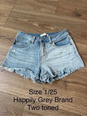 Happily Grey Two-Tone Light Blue Denim Frayed Shorts